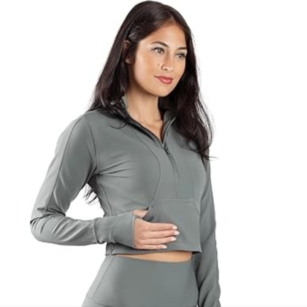 90 Degree By Reflex Womens Interlink Ribbed Half Zip Long Sleeve Crop Top Jacket
